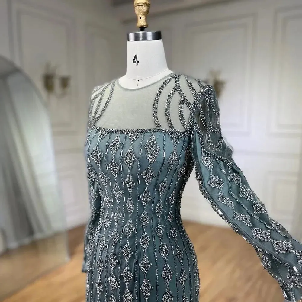 Luxury Gray Mermaid Gown Floor Length with Beaded Cut Outs