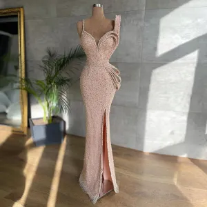 Luxury Long High Slit Sequins Women Evening Party Night Gowns