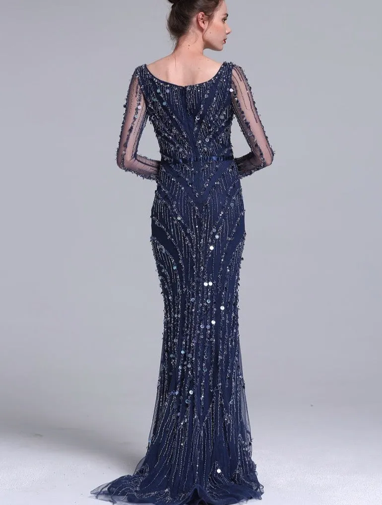 Luxury Pink Navy Blue Beading Mermaid Tulle Evening Dress V-Neck Long Sleeves Elegant Evening Gowns