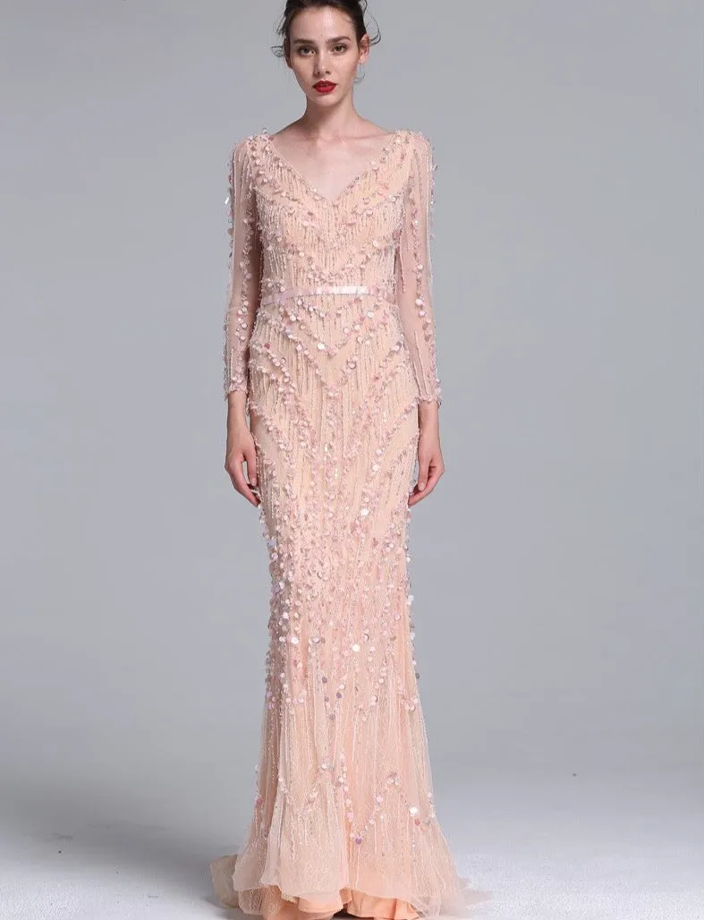 Luxury Pink Navy Blue Beading Mermaid Tulle Evening Dress V-Neck Long Sleeves Elegant Evening Gowns