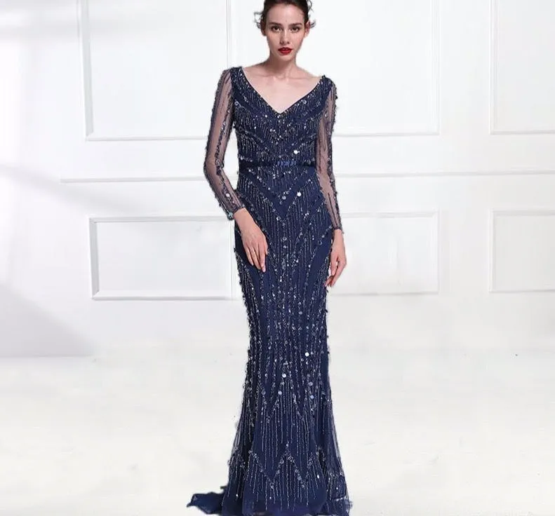 Luxury Pink Navy Blue Beading Mermaid Tulle Evening Dress V-Neck Long Sleeves Elegant Evening Gowns