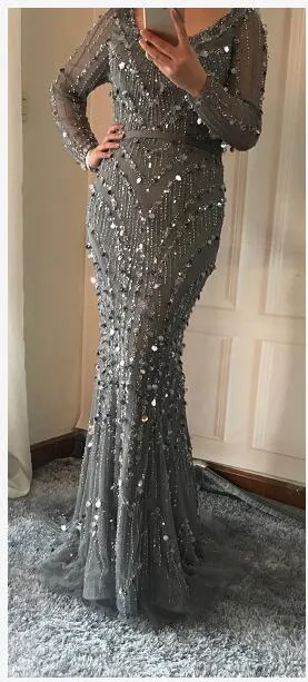 Luxury Pink Navy Blue Beading Mermaid Tulle Evening Dress V-Neck Long Sleeves Elegant Evening Gowns