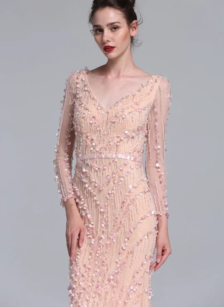 Luxury Pink Navy Blue Beading Mermaid Tulle Evening Dress V-Neck Long Sleeves Elegant Evening Gowns