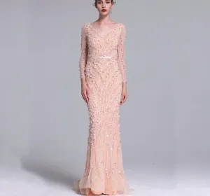 Luxury Pink Navy Blue Beading Mermaid Tulle Evening Dress V-Neck Long Sleeves Elegant Evening Gowns
