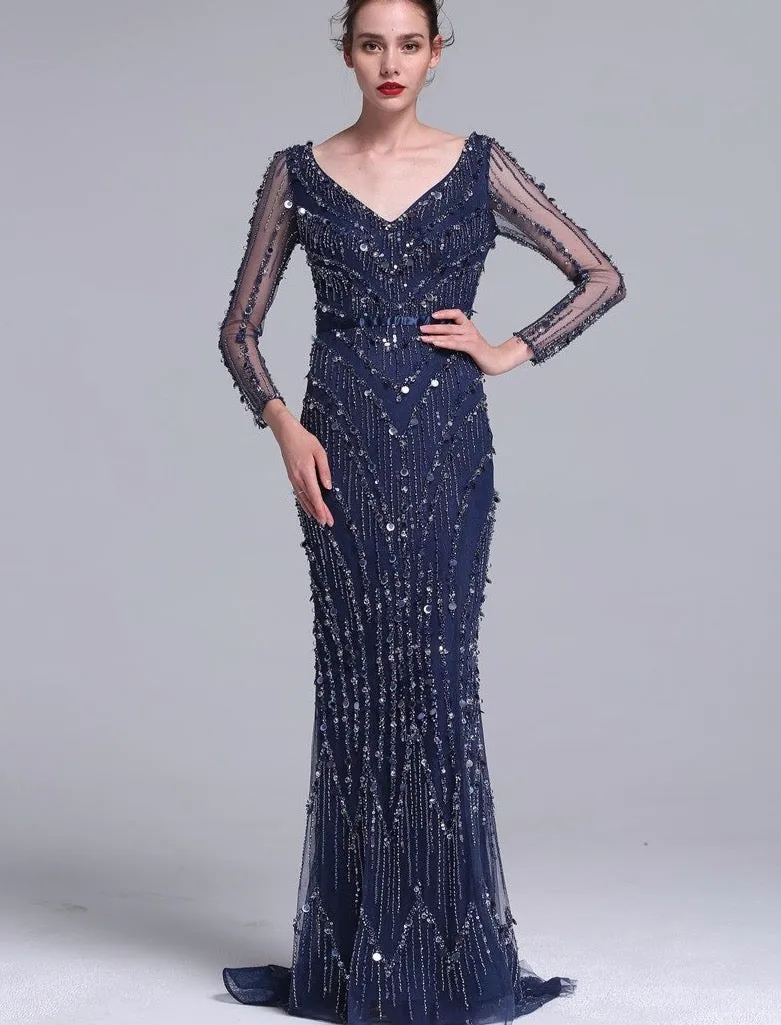 Luxury Pink Navy Blue Beading Mermaid Tulle Evening Dress V-Neck Long Sleeves Elegant Evening Gowns