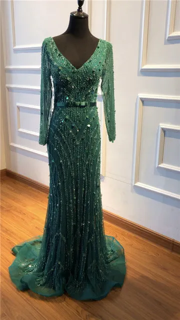 Luxury Pink Navy Blue Beading Mermaid Tulle Evening Dress V-Neck Long Sleeves Elegant Evening Gowns