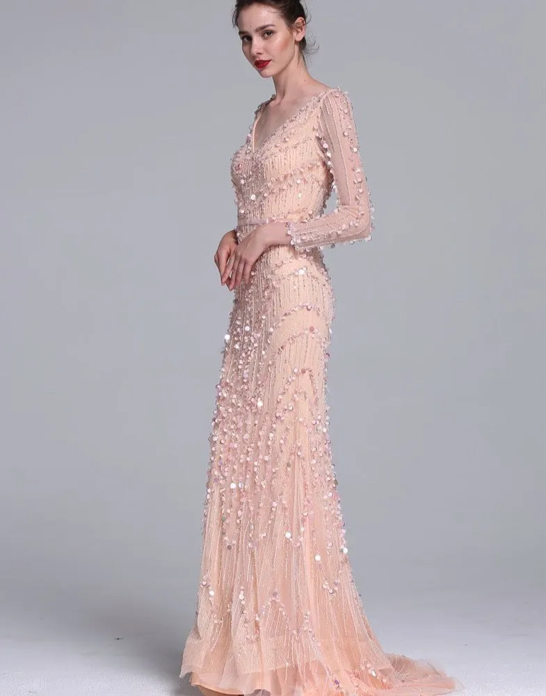 Luxury Pink Navy Blue Beading Mermaid Tulle Evening Dress V-Neck Long Sleeves Elegant Evening Gowns