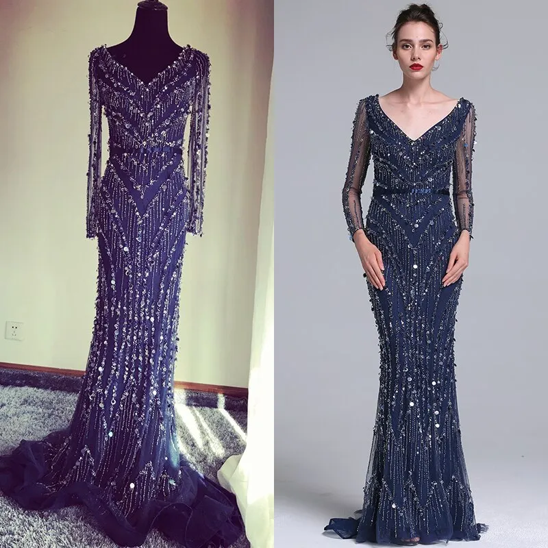 Luxury Pink Navy Blue Beading Mermaid Tulle Evening Dress V-Neck Long Sleeves Elegant Evening Gowns