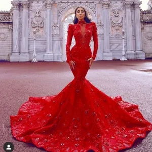 luxury red evening dresses long sleeve high neck sparkly lace applique beaded modest evening gown 2021