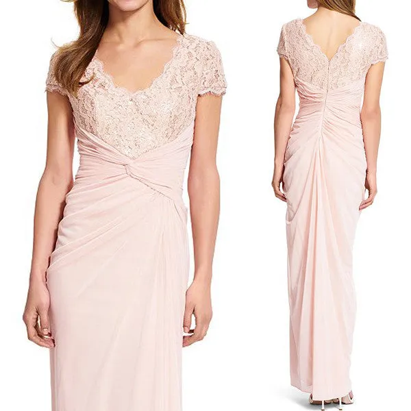 MACloth Cap Sleeves V Neck Lace Chiffon Evening Gown Pearl Pink Mother of the Brides Dress