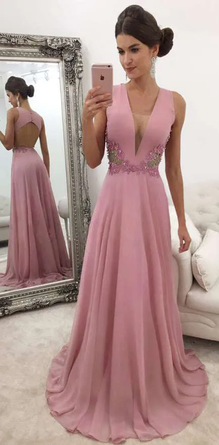 MACloth Deep V Neck Chiffon Lace Long Prom Dress Blue Formal Evening Gown