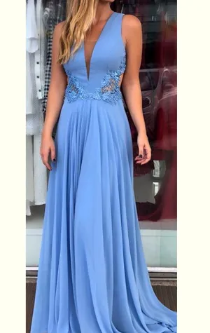 MACloth Deep V Neck Chiffon Lace Long Prom Dress Blue Formal Evening Gown