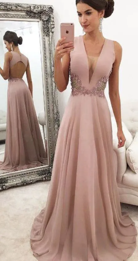 MACloth Deep V Neck Chiffon Lace Long Prom Dress Blue Formal Evening Gown