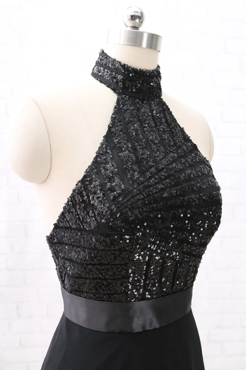MACloth Halter Sequin Chiffon Short Wedding Party Dress Little Black Dress