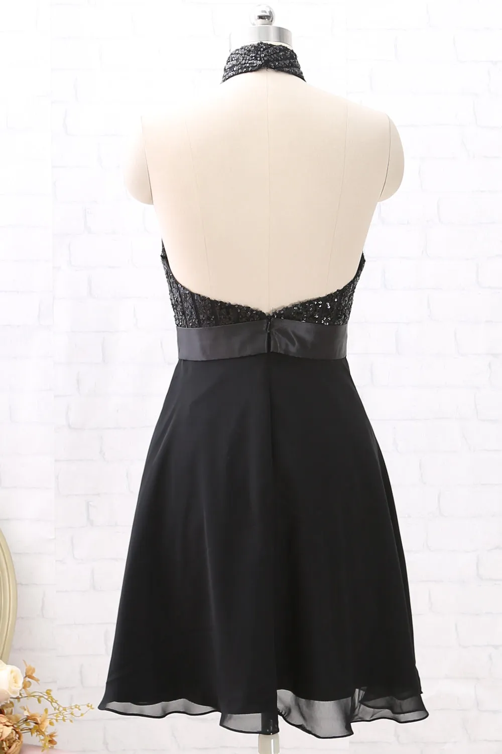 MACloth Halter Sequin Chiffon Short Wedding Party Dress Little Black Dress