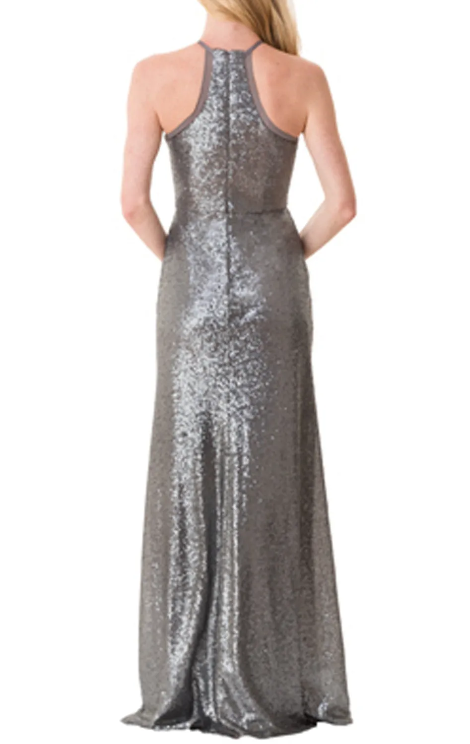 MACloth Halter Sequin Long Bridesmaid Dress Gray Formal Evening Gown
