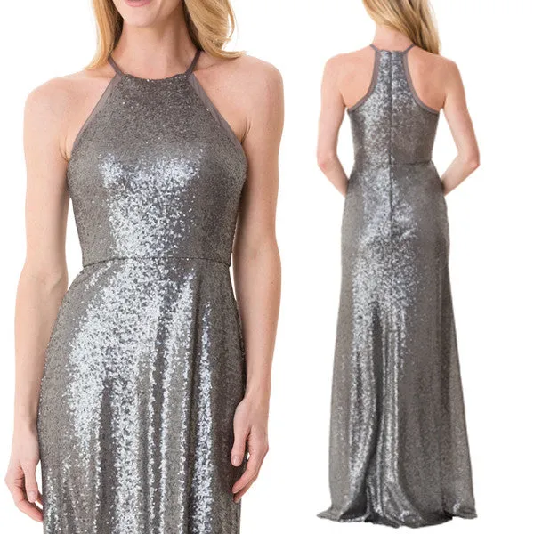 MACloth Halter Sequin Long Bridesmaid Dress Gray Formal Evening Gown