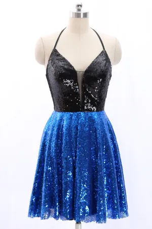 MACloth Halter V Neck Sequin Mini Prom Homecoming Dress Party Dress