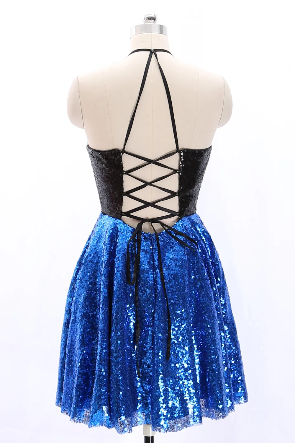 MACloth Halter V Neck Sequin Mini Prom Homecoming Dress Party Dress