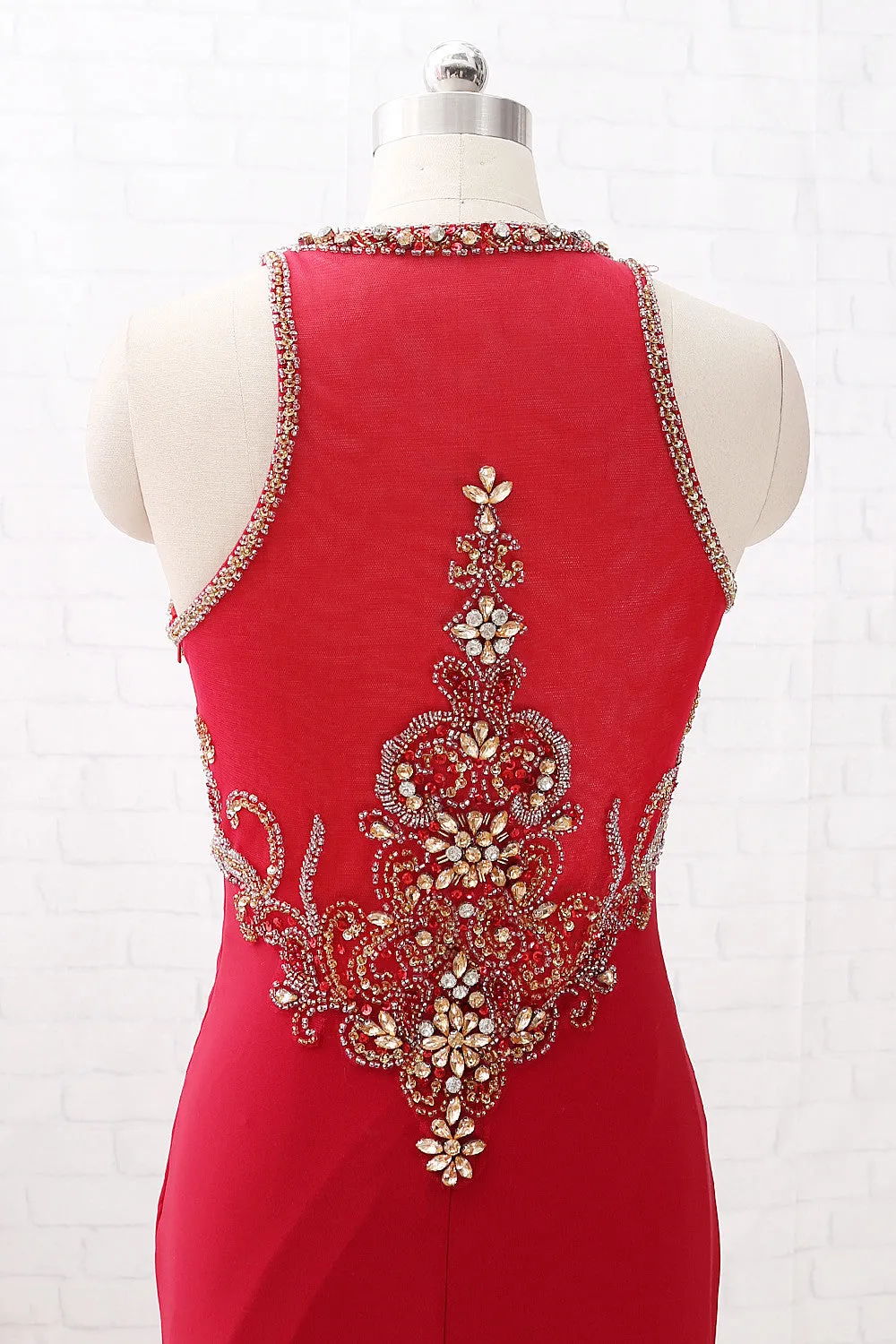 MACloth Straps O Neck with Beaded Jersey Prom Dress Burgundy Formal Evening Gown with Slit