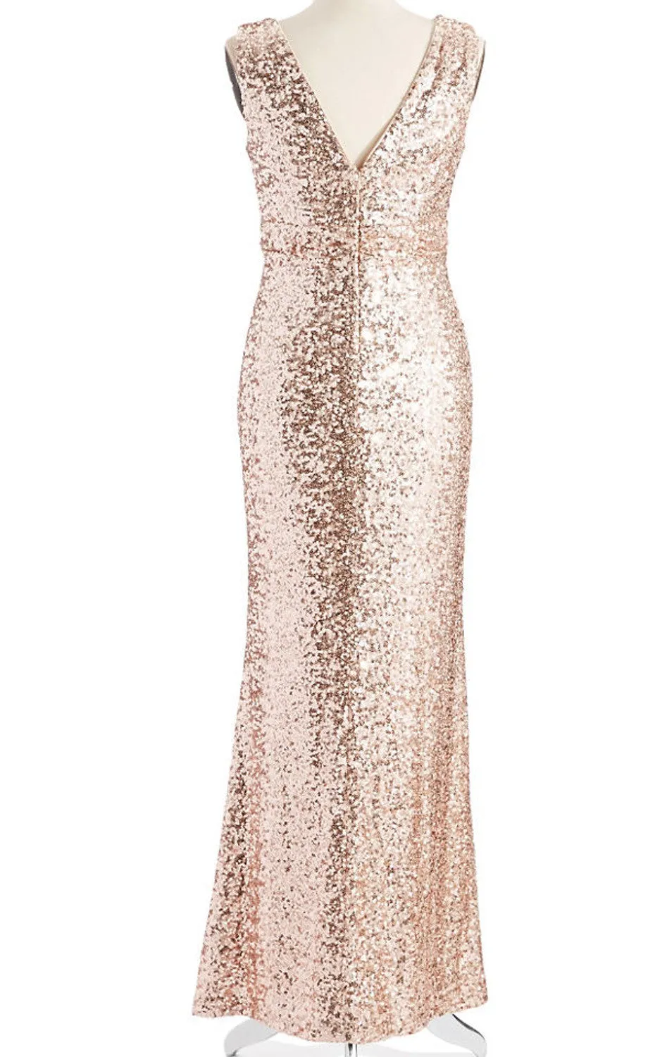 MACloth Straps V Neck Sequin Bridesmaid Dress Rose Gold Formal Evening Gown