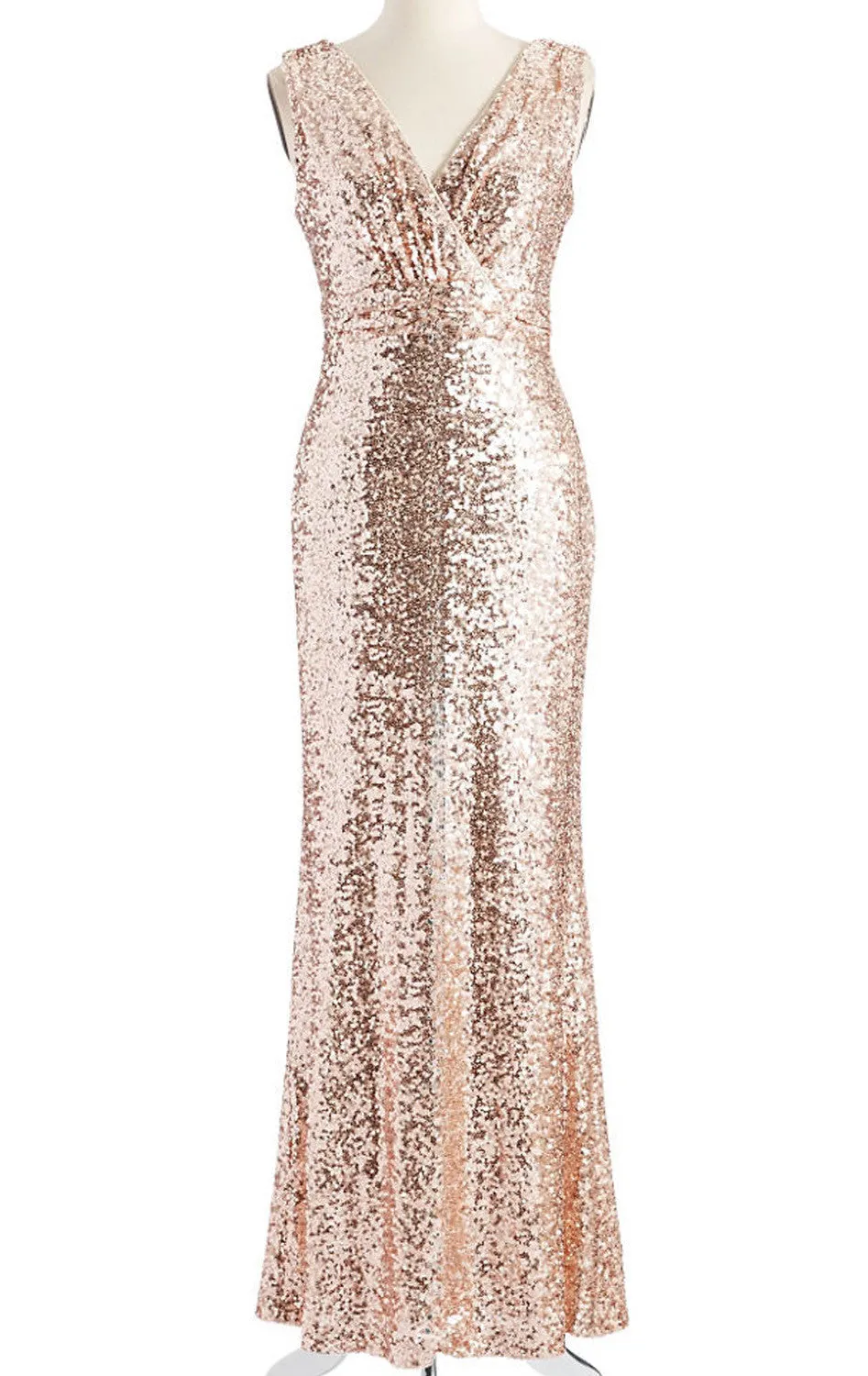 MACloth Straps V Neck Sequin Bridesmaid Dress Rose Gold Formal Evening Gown
