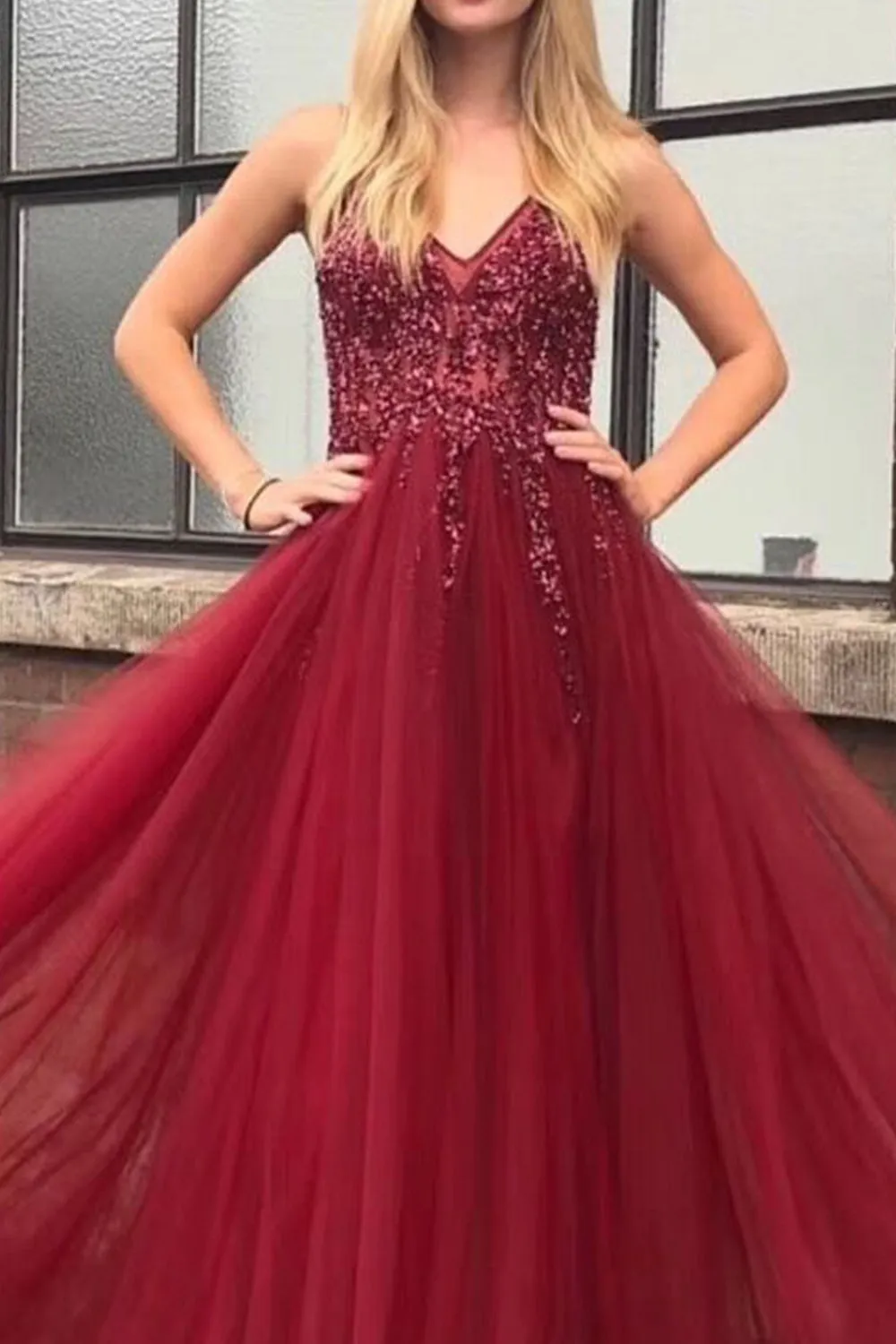 MACloth Straps V Neck with Beaded Long Prom Dress Dark Navy Formal Evening Gown