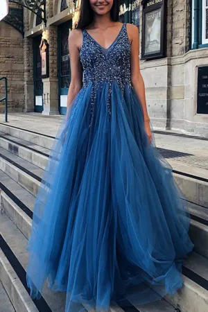 MACloth Straps V Neck with Beaded Long Prom Dress Dark Navy Formal Evening Gown
