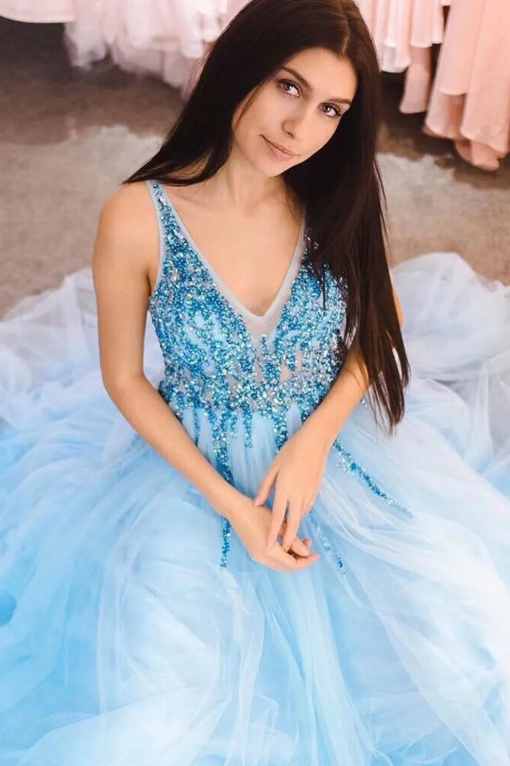 MACloth Straps V Neck with Beaded Long Prom Dress Dark Navy Formal Evening Gown