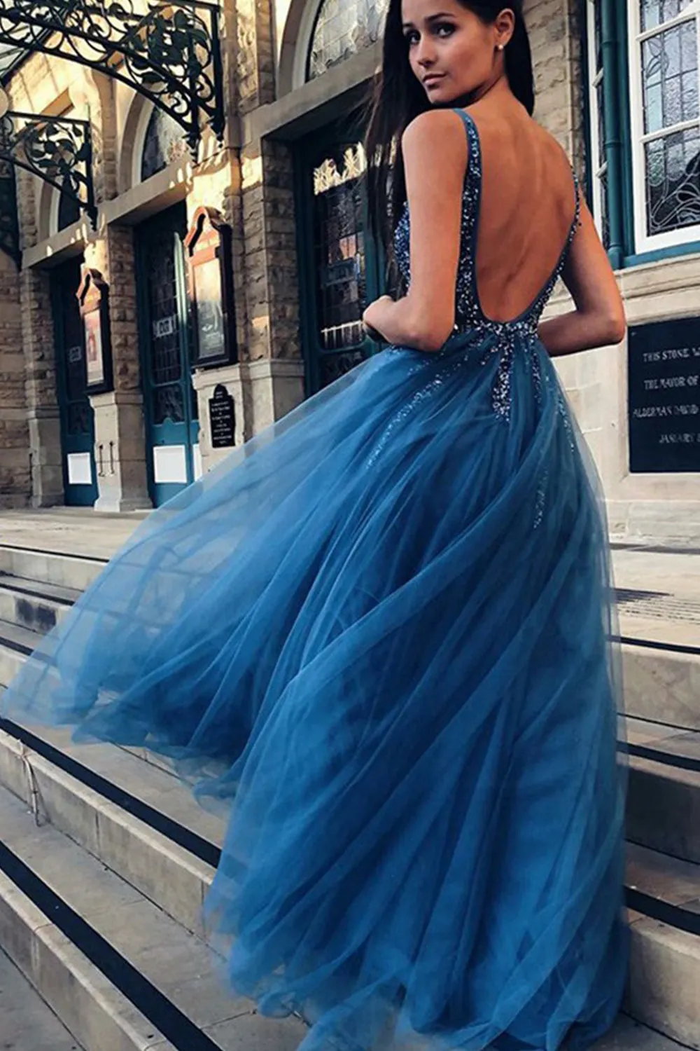 MACloth Straps V Neck with Beaded Long Prom Dress Dark Navy Formal Evening Gown