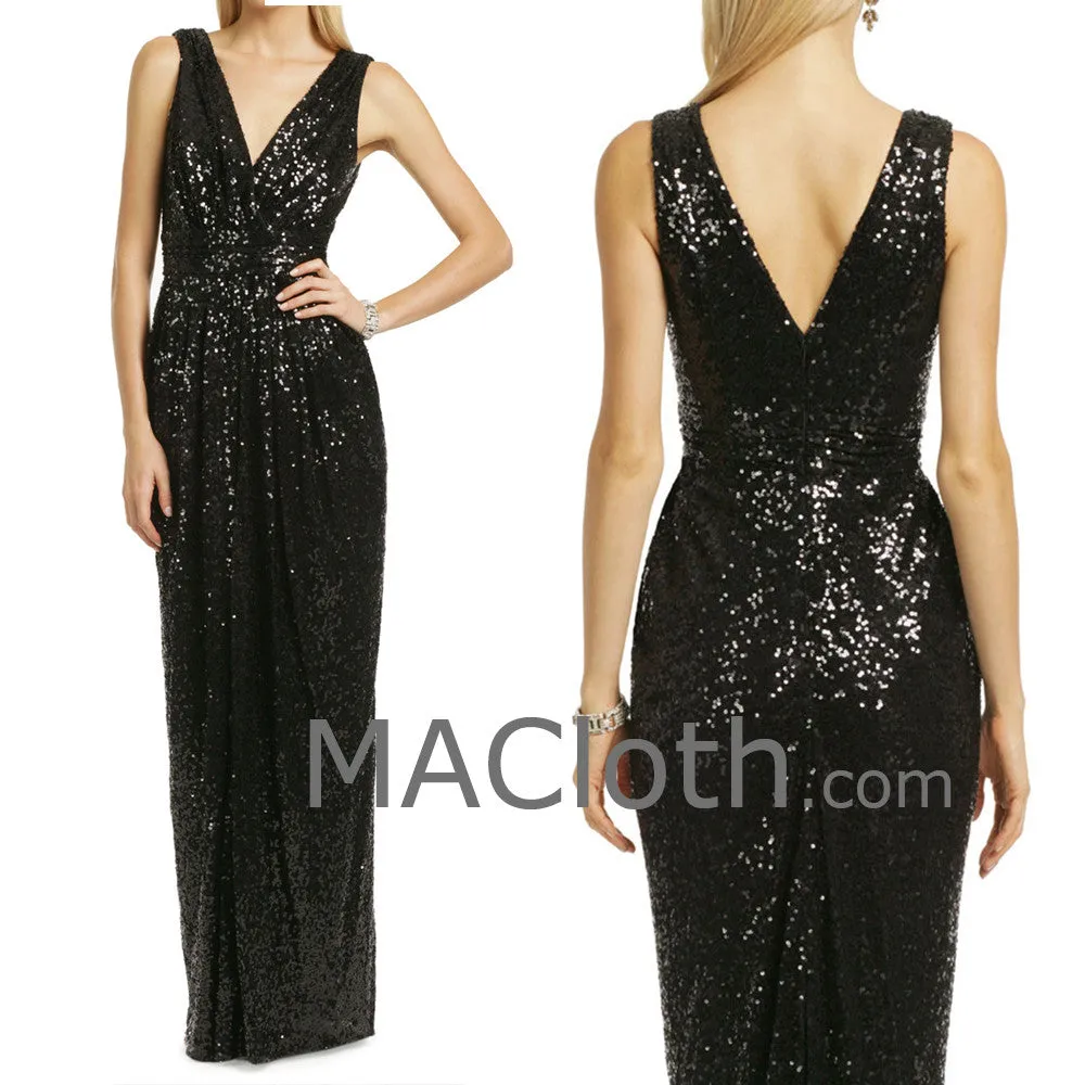 MACloth Women Straps V Neck Sequin Long Black Bridesmaid Dress Formal Evening Gown