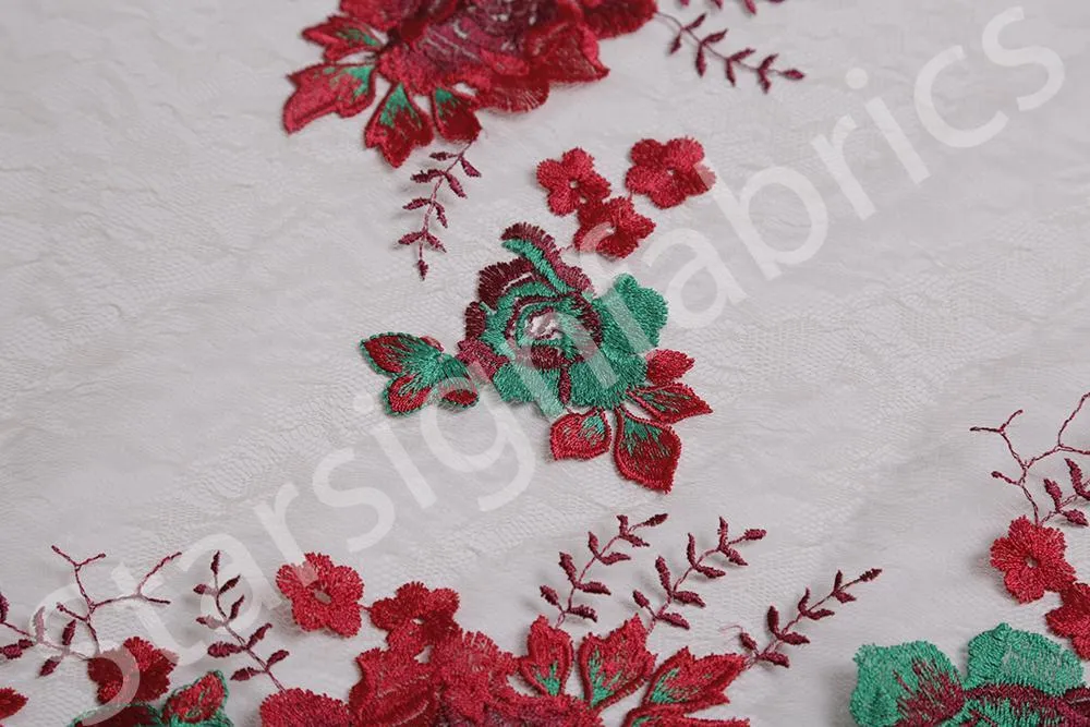 Maltese Style Floral Pattern Lace Embroidery Green Fabric