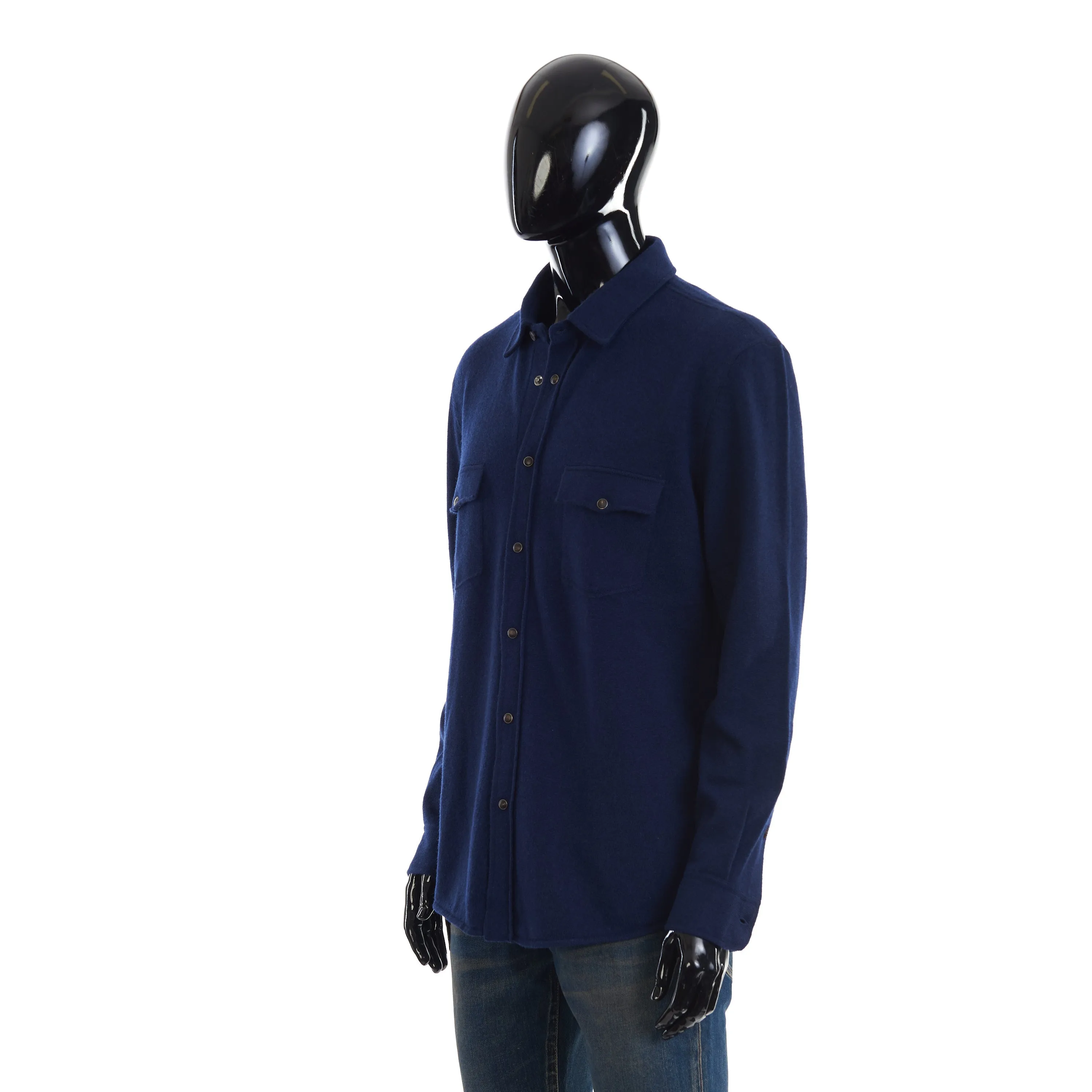 Marine Blue Virgin Wool, Cashmere And Silk Shirt-Style Cardigan