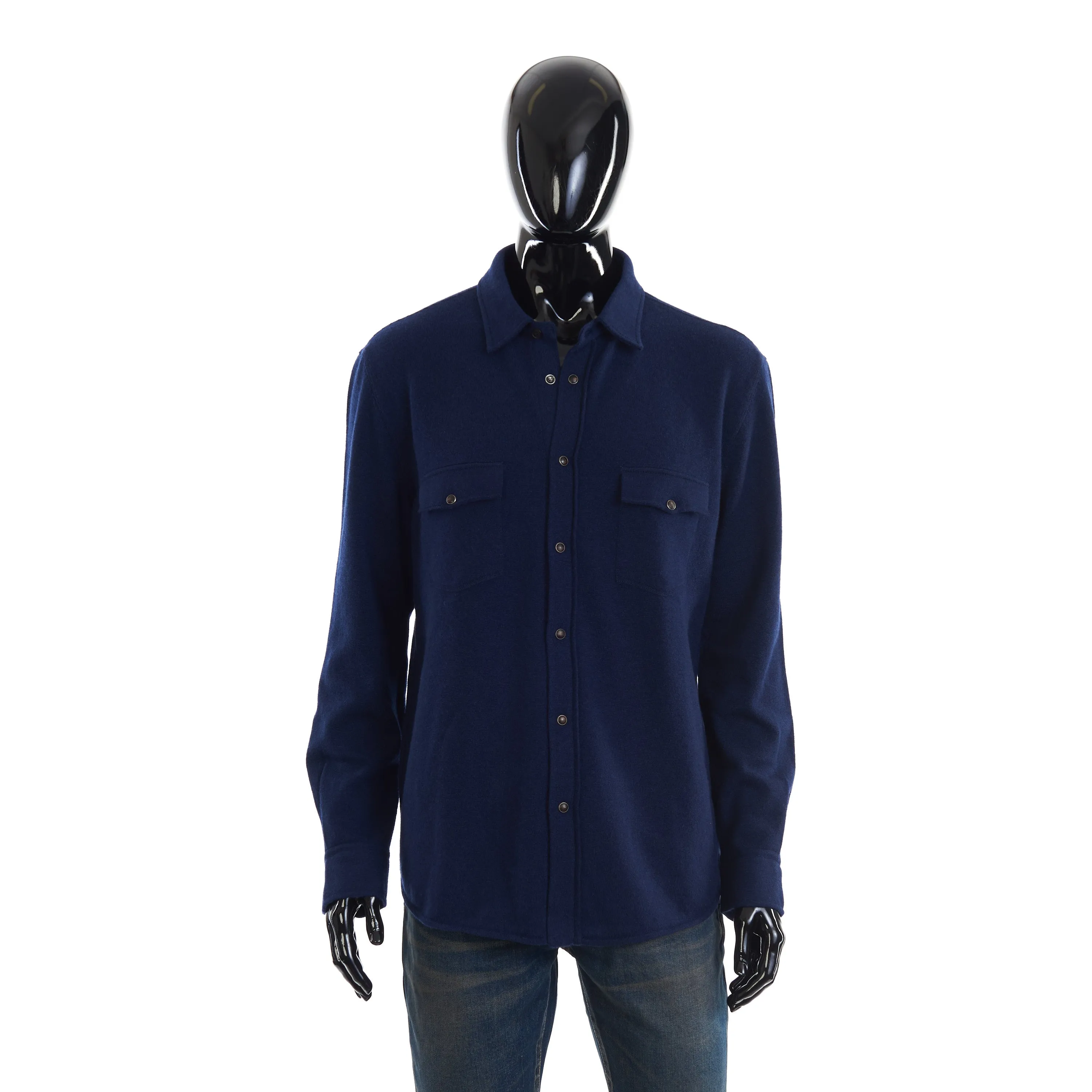 Marine Blue Virgin Wool, Cashmere And Silk Shirt-Style Cardigan