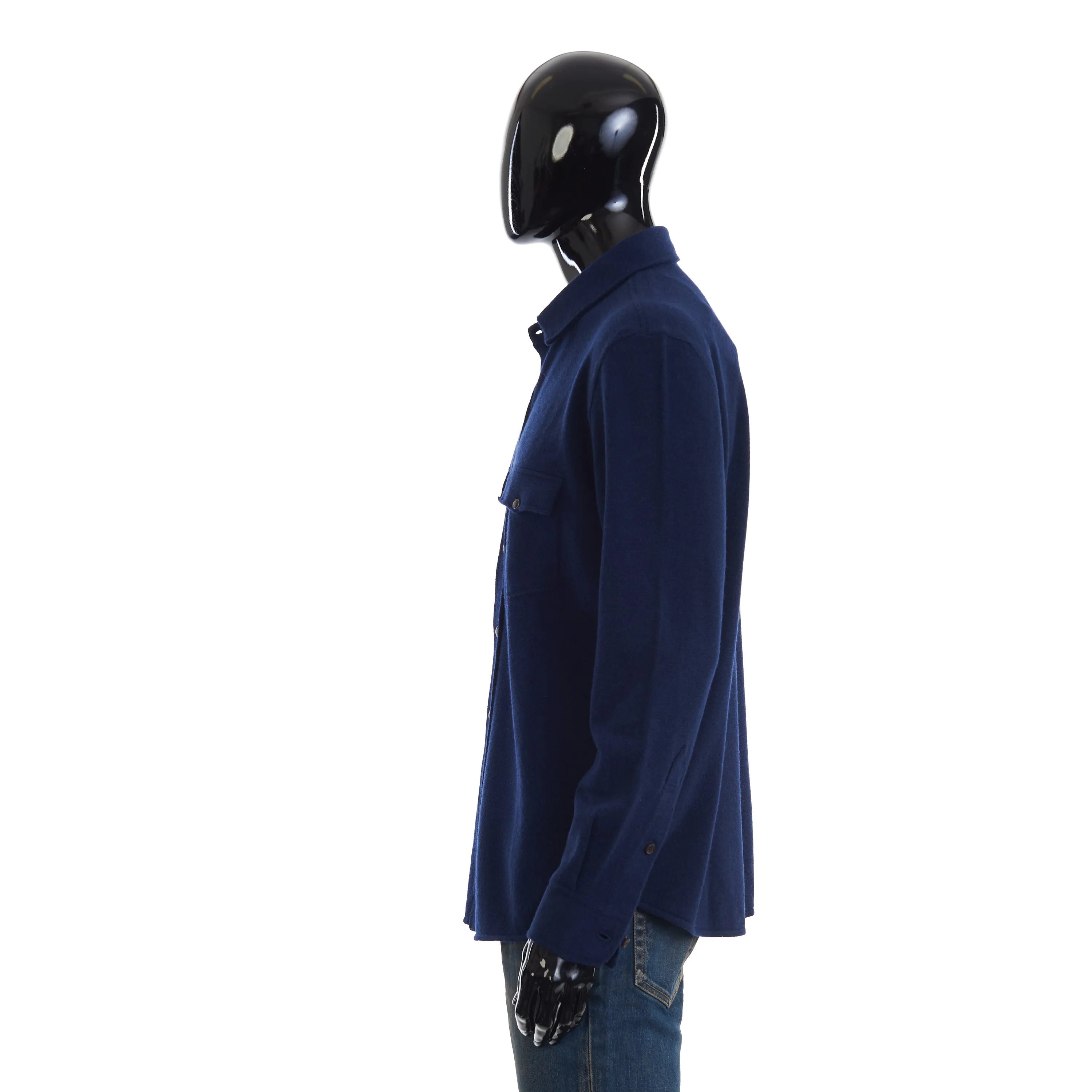 Marine Blue Virgin Wool, Cashmere And Silk Shirt-Style Cardigan