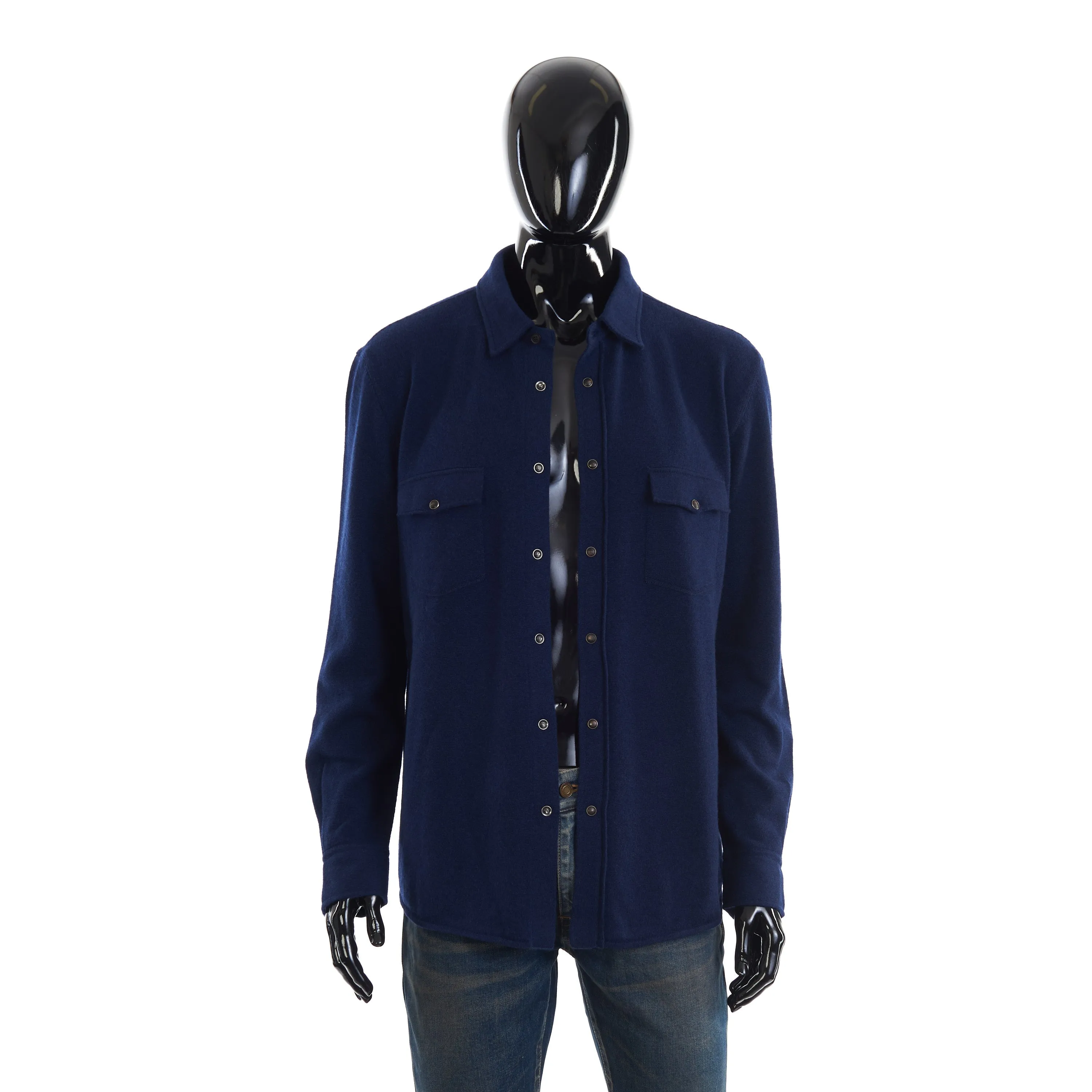 Marine Blue Virgin Wool, Cashmere And Silk Shirt-Style Cardigan