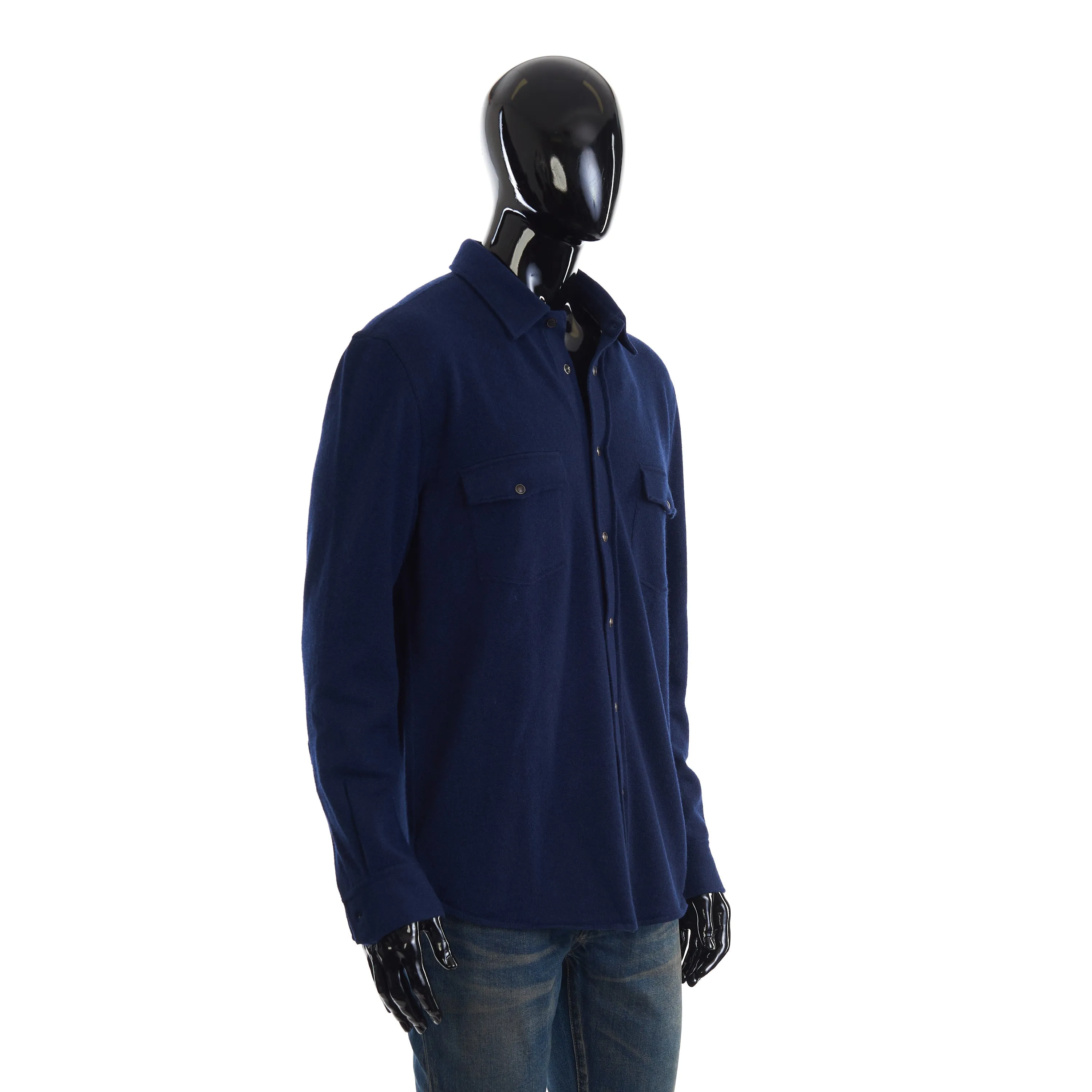 Marine Blue Virgin Wool, Cashmere And Silk Shirt-Style Cardigan