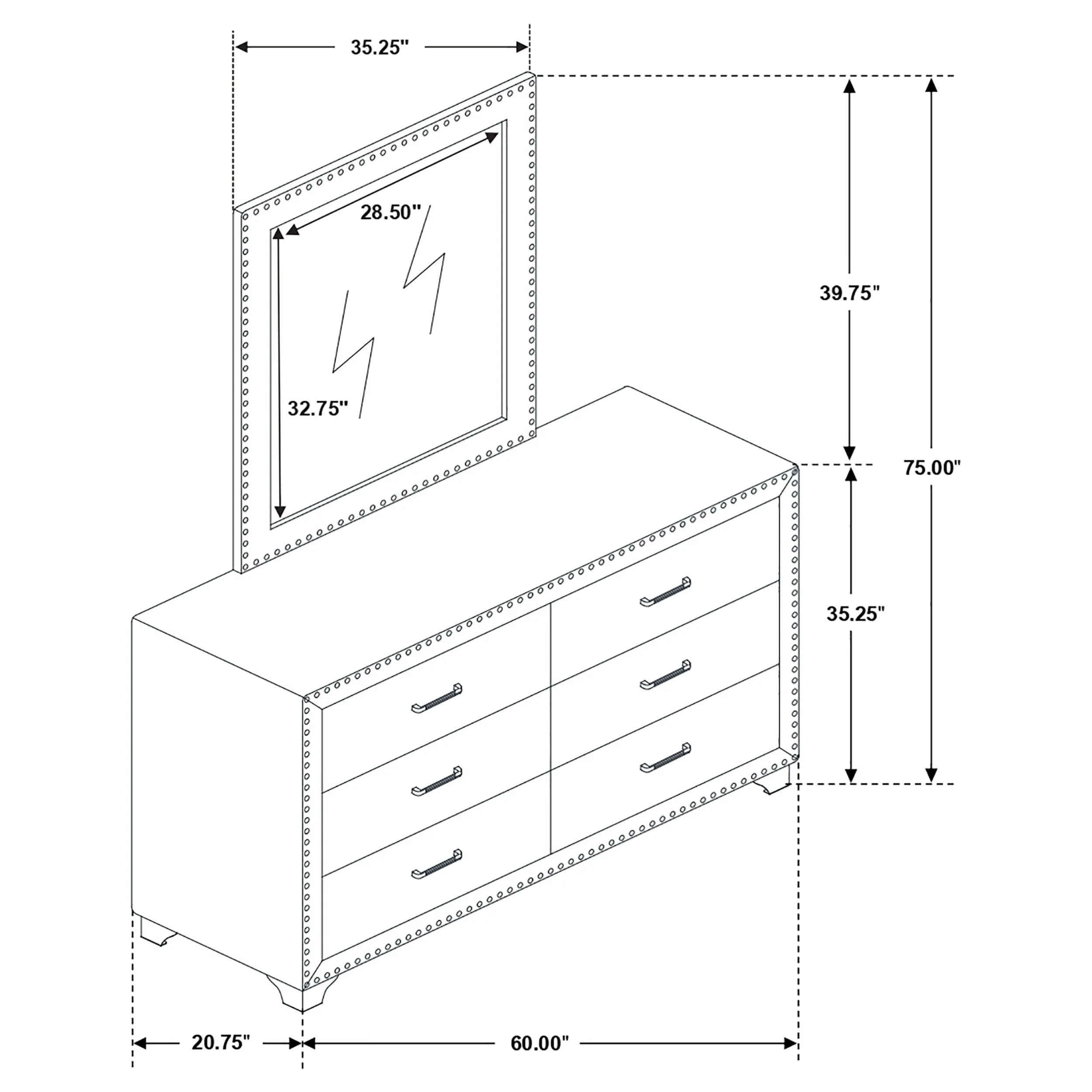 Melody 6-drawer Upholstered Dresser with Mirror Pacific Blue