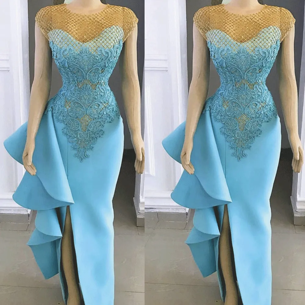 mermaid evening dresses long blue lace applique beads elegant evening gown robe de soiree