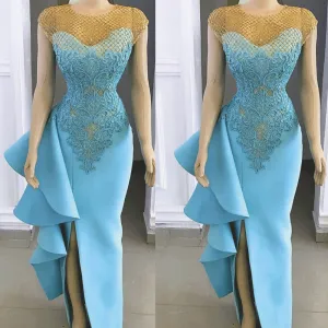 mermaid evening dresses long blue lace applique beads elegant evening gown robe de soiree