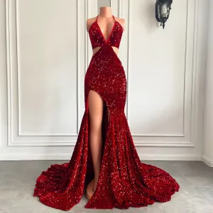 Mermaid High Slit Halter Sparkly Red Sequin Girls Prom Gala Party Gowns