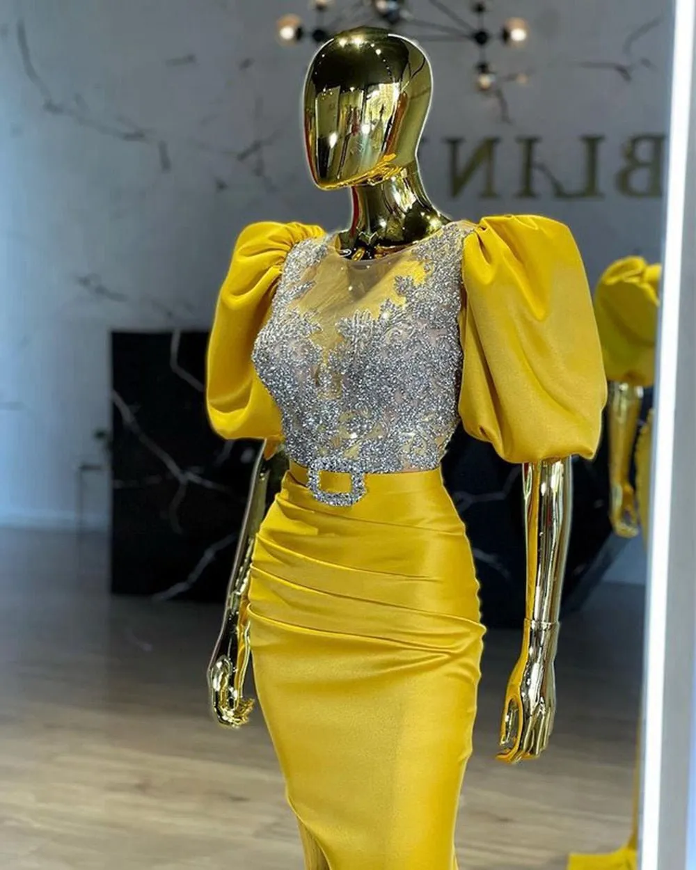 Mermaid Puffy Short Sleeves Crystals Women Formal Evening Gowns
