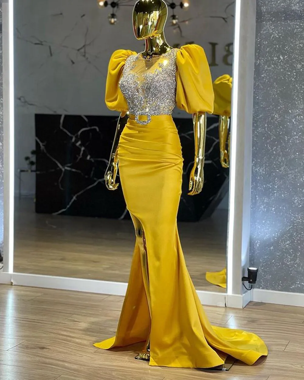 Mermaid Puffy Short Sleeves Crystals Women Formal Evening Gowns
