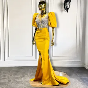 Mermaid Puffy Short Sleeves Crystals Women Formal Evening Gowns