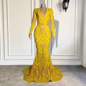 Mermaid Style Sparkly Yellow Sequin Black Girls Prom Gala Party Gowns