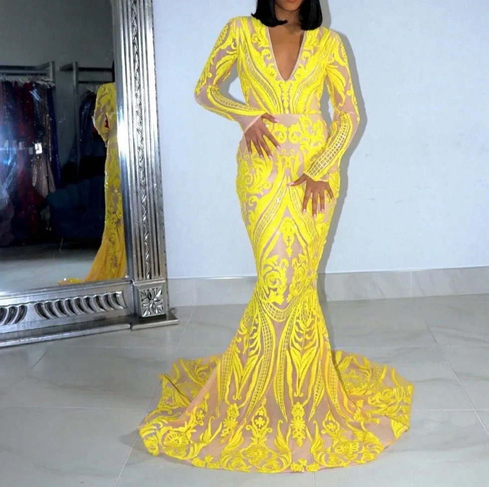 Mermaid Style Sparkly Yellow Sequin Black Girls Prom Gala Party Gowns