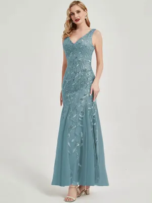 Moody Blue V-Neck Sleeveless Mermaid Sequin Maxi Formal Evening Dress