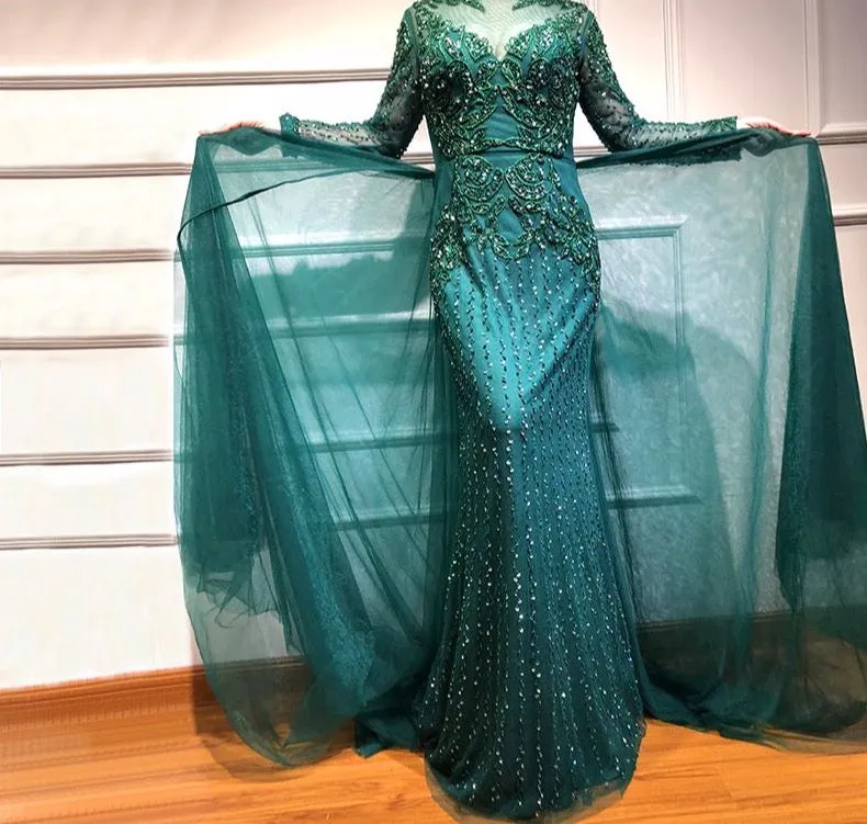 Muslim Mermaid long Sleeves Evening Dresses Beading Sequins Luxury Sparkle Formal Dress Plus Size