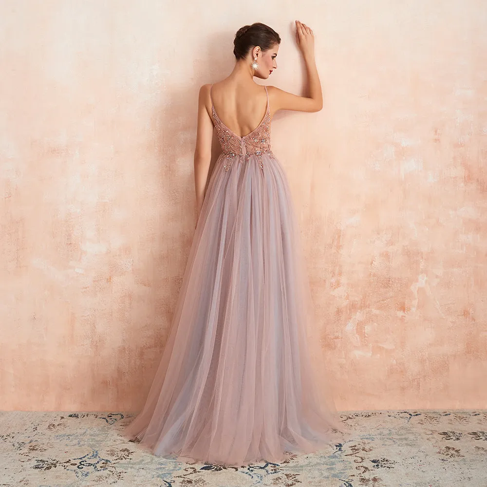 New Arrival V-Neck Rhinestones Beading Formal Prom Gowns with Slit robe de soiree