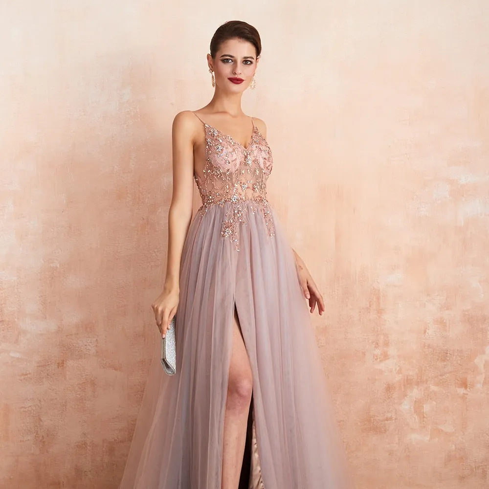 New Arrival V-Neck Rhinestones Beading Formal Prom Gowns with Slit robe de soiree